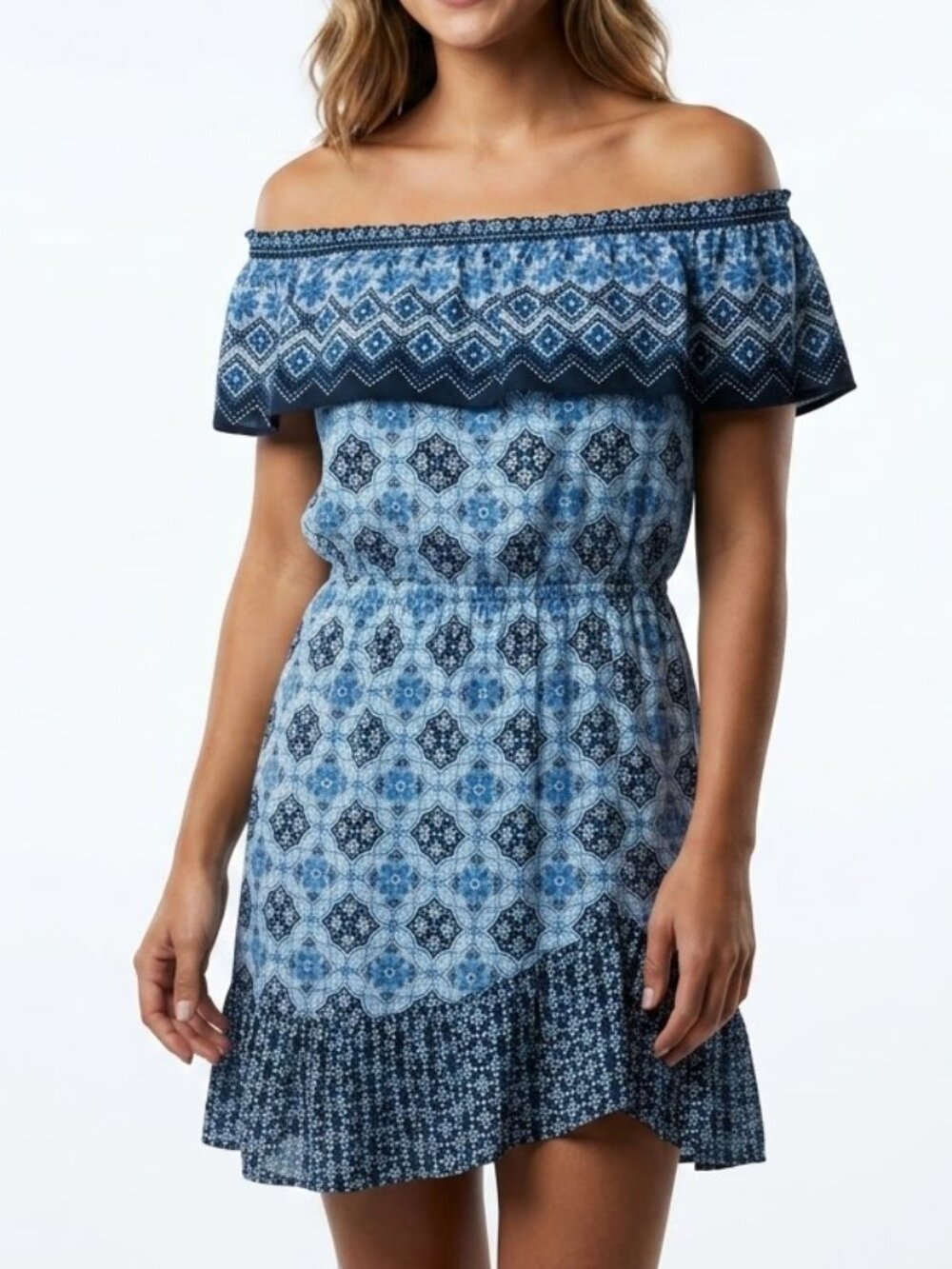 Aeropostale Boho Off Shoulder Medallion Paisley Printed Rayon Mini Dress Blue L